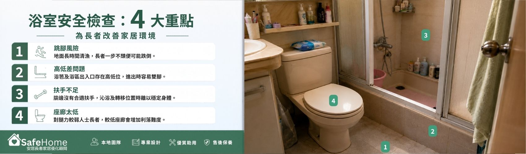 設有步入式淋浴間、扶手及防滑地板的長者友善浴室